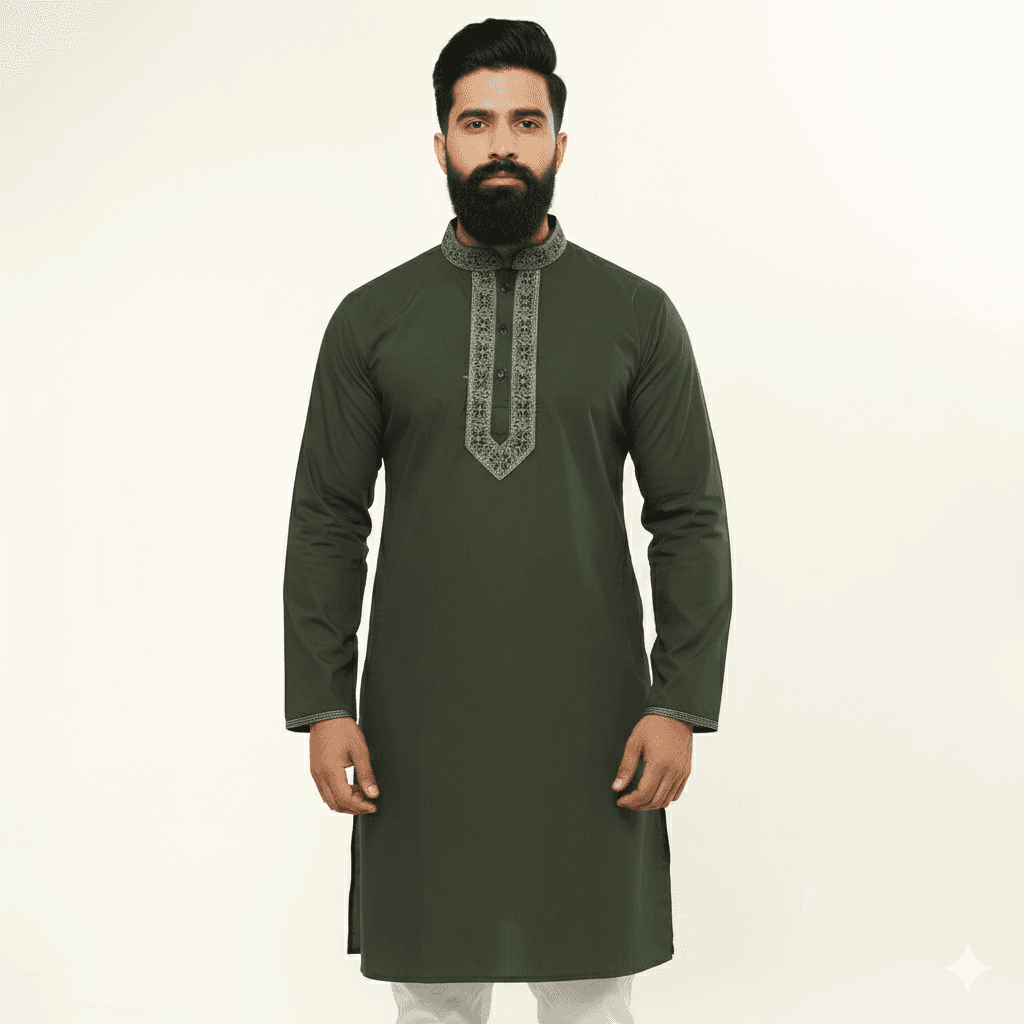 Deep Olive Embroidery Style Panjabi for Men | Premium Cotton Traditional Punjabi Kurta | Elegant Ethnic Wear for Eid, Wedding & Festive Occasion | Stylish Slim Fit Design | Comfortable Breathable Fabric | Modern Classic Look | Trendy Menâs Cultural Outf