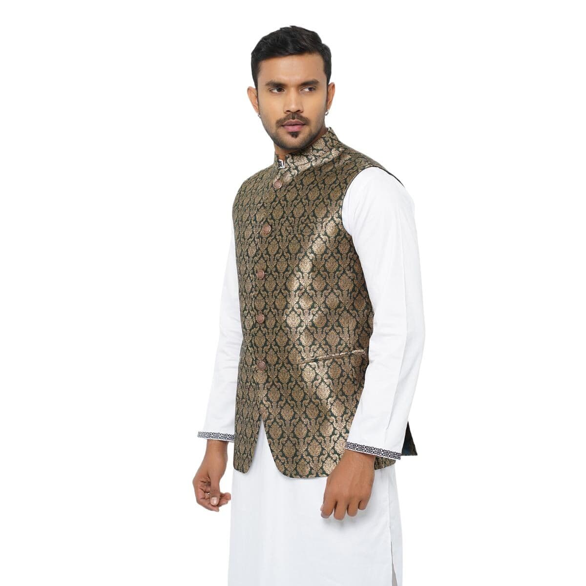 Green and golden waist coat and vest for men | Premium panjabi koti for men golden colour - Wedding dress and party dress for men