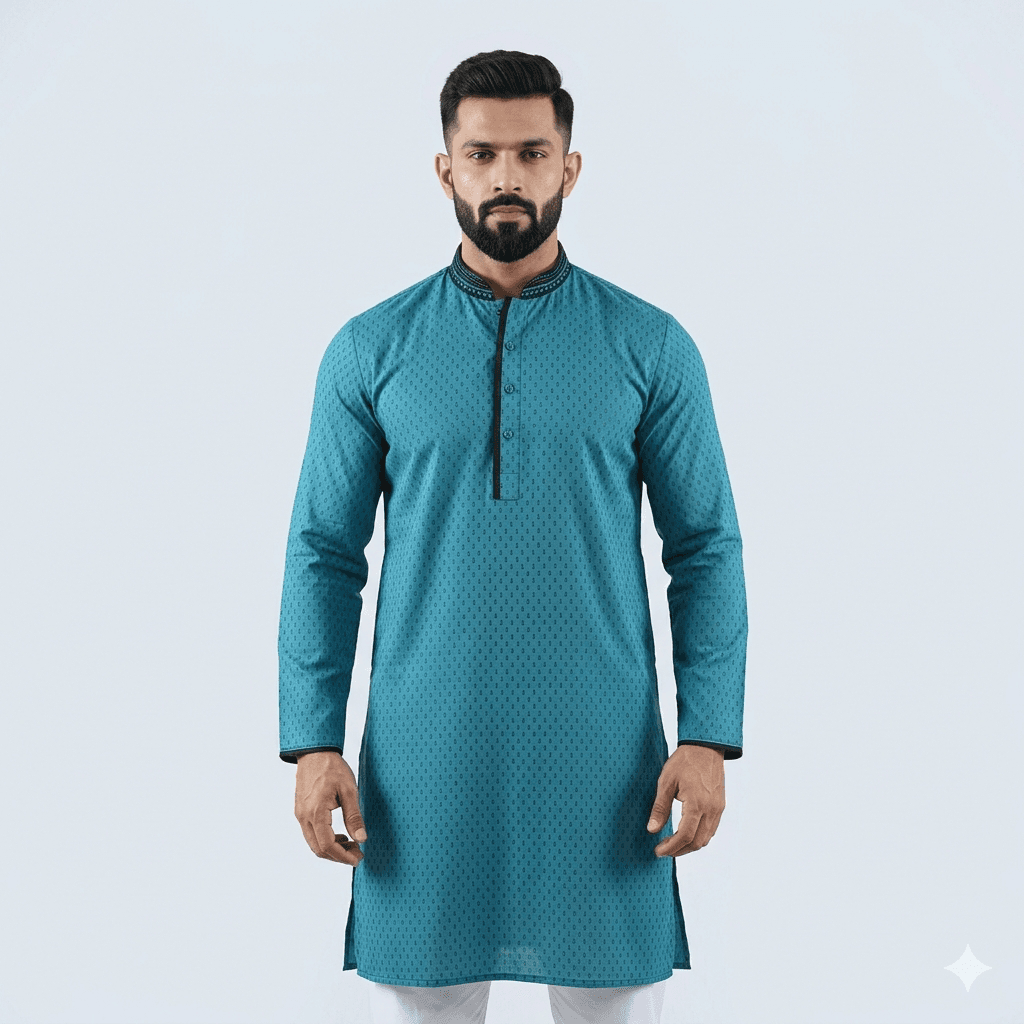 Blue Printed Cotton Panjabi for Men | Affordable Ethnic Wear | Premium Soft Breathable Fabric | Stylish Traditional Kurta for Eid, Wedding & Festive Occasion | Comfortable Regular Fit | Trendy Design | à¦¬à¦¾à¦à§à¦ à¦«à§à¦°à§à¦¨à§à¦¡à¦²à¦¿ à¦¦à¦¾à¦® thumbnail
