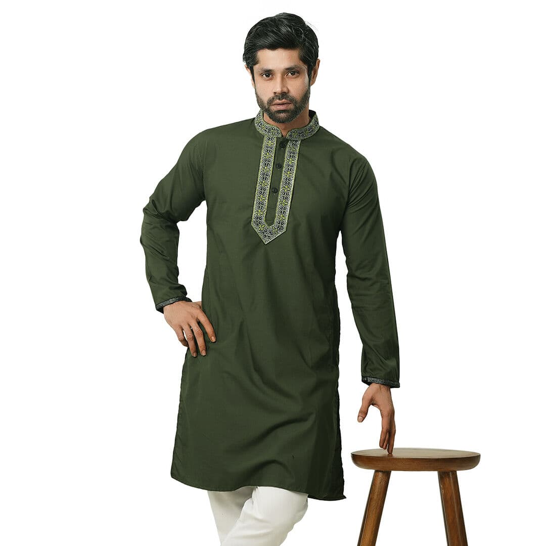 Deep Olive Embroidery Style Panjabi for Men | Premium Cotton Traditional Punjabi Kurta | Elegant Ethnic Wear for Eid, Wedding & Festive Occasion | Stylish Slim Fit Design | Comfortable Breathable Fabric | Modern Classic Look | Trendy Menâs Cultural Outf thumbnail