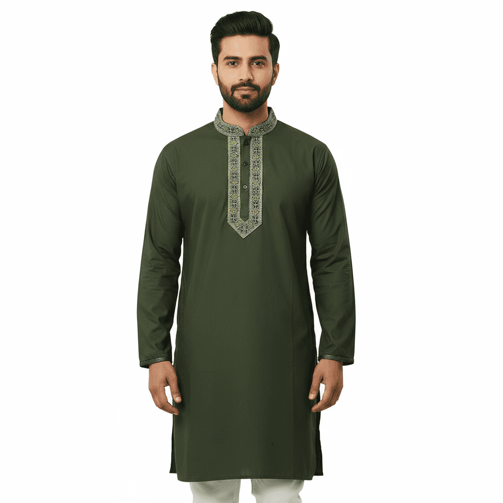 Deep Olive Embroidery Style Panjabi for Men | Premium Cotton Traditional Punjabi Kurta | Elegant Ethnic Wear for Eid, Wedding & Festive Occasion | Stylish Slim Fit Design | Comfortable Breathable Fabric | Modern Classic Look | Trendy Menâs Cultural Outf thumbnail