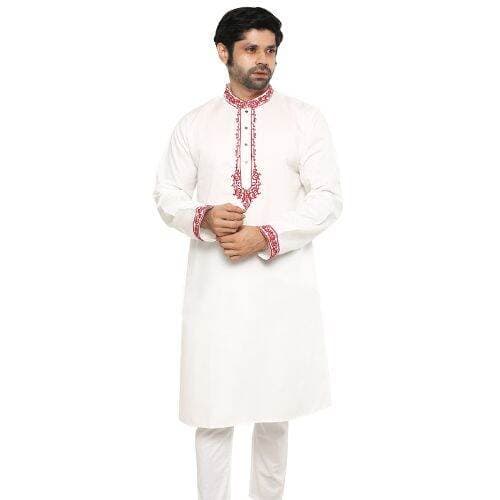 Premium Menâs White & Maroon Cotton Panjabi | Elegant Embroidered Front View Fitness Model Shoot | High-Quality Traditional Indian Ethnic Wear for Weddings, Festivals & Formal Events | Breathable Lightweight Cotton Panjabi for Men