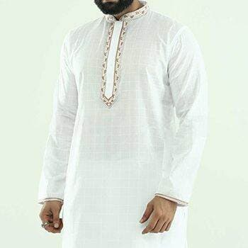 Premium white cotton panjabi with golden embroidery design for men | Indian chicken panjabi for men new collection 2024 | High quality soft cotton panjabi thumbnail