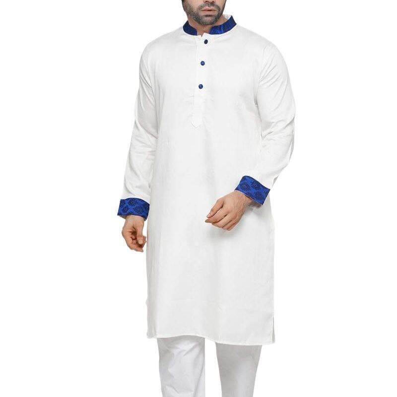 White panjabi for men new collection 2026 | Cotton panjabi for men white | White panjabi with blue contrast