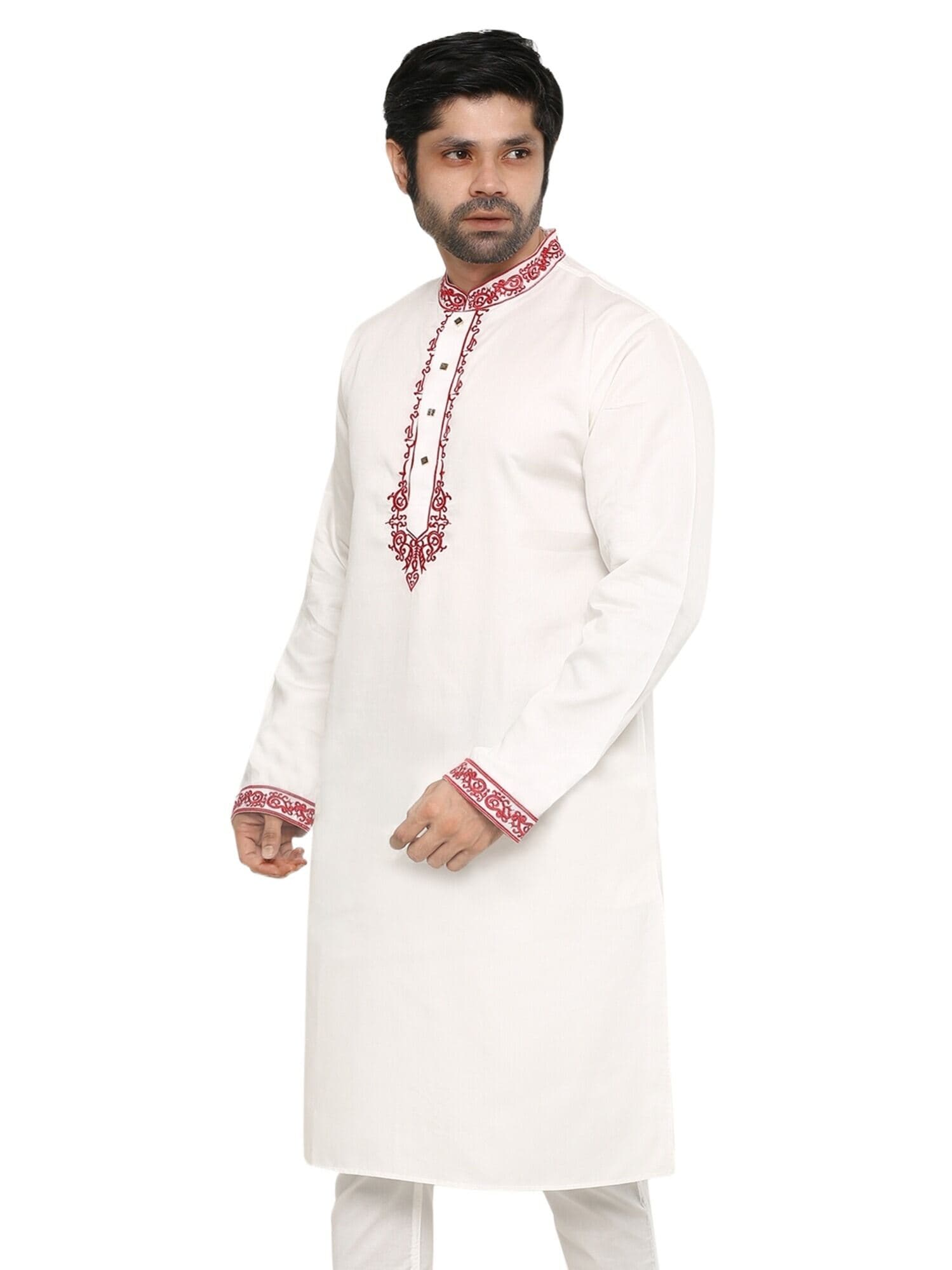 Premium Menâs White & Maroon Cotton Panjabi | Elegant Embroidered Front View Fitness Model Shoot | High-Quality Traditional Indian Ethnic Wear for Weddings, Festivals & Formal Events | Breathable Lightweight Cotton Panjabi for Men thumbnail