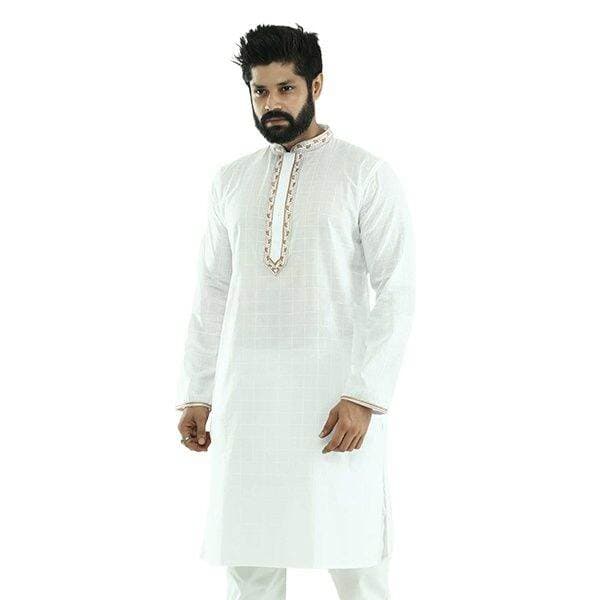 Premium white cotton panjabi with golden embroidery design for men | Indian chicken panjabi for men new collection 2024 | High quality soft cotton panjabi