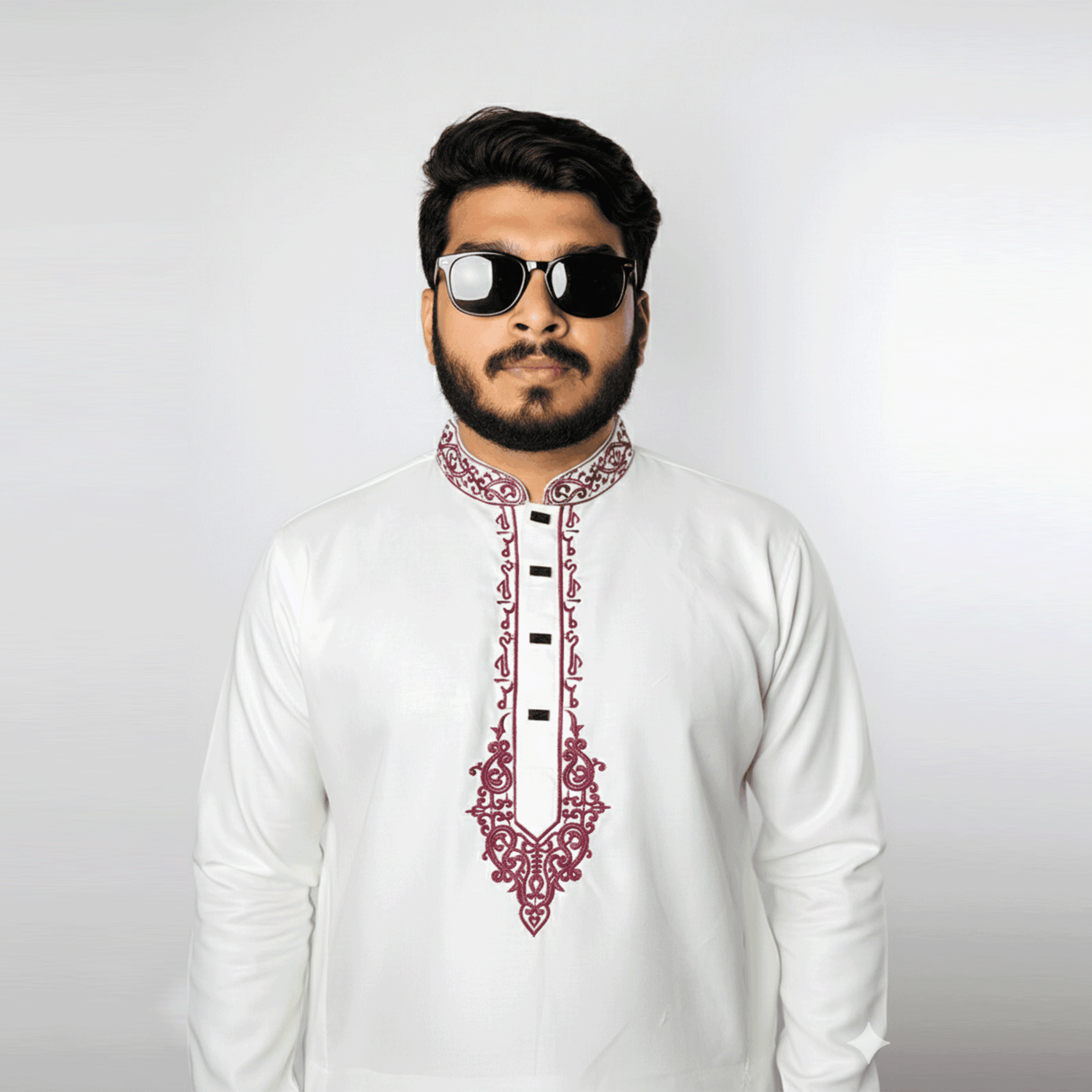 Premium Menâs White & Maroon Cotton Panjabi | Elegant Embroidered Front View Fitness Model Shoot | High-Quality Traditional Indian Ethnic Wear for Weddings, Festivals & Formal Events | Breathable Lightweight Cotton Panjabi for Men thumbnail
