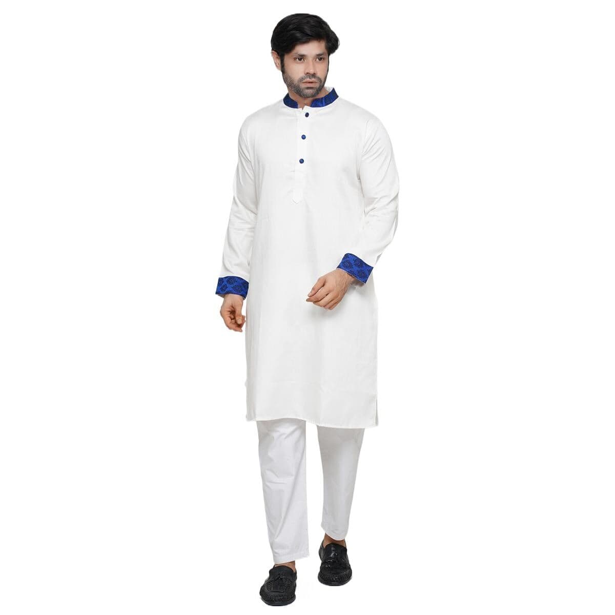 White panjabi for men new collection 2026 | Cotton panjabi for men white | White panjabi with blue contrast thumbnail