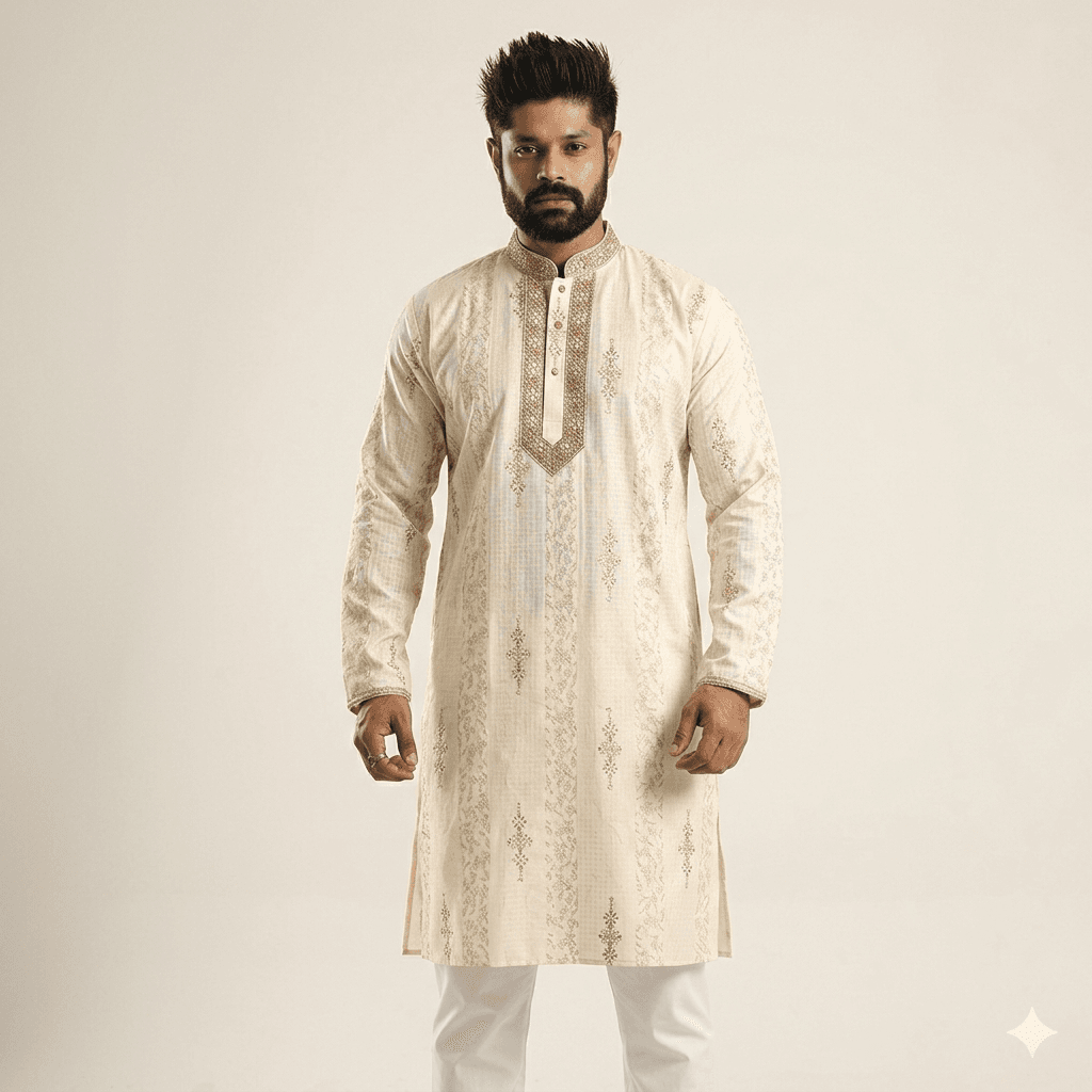 Premium Indian Embroidery Style Golden Panjabi for Men â Elegant Festive Wear, Luxurious Golden Fabric, Traditional Indian Design, Comfortable Fit, Perfect for Weddings, Parties & Cultural Events â Stylish Menâs Ethnic Outfit