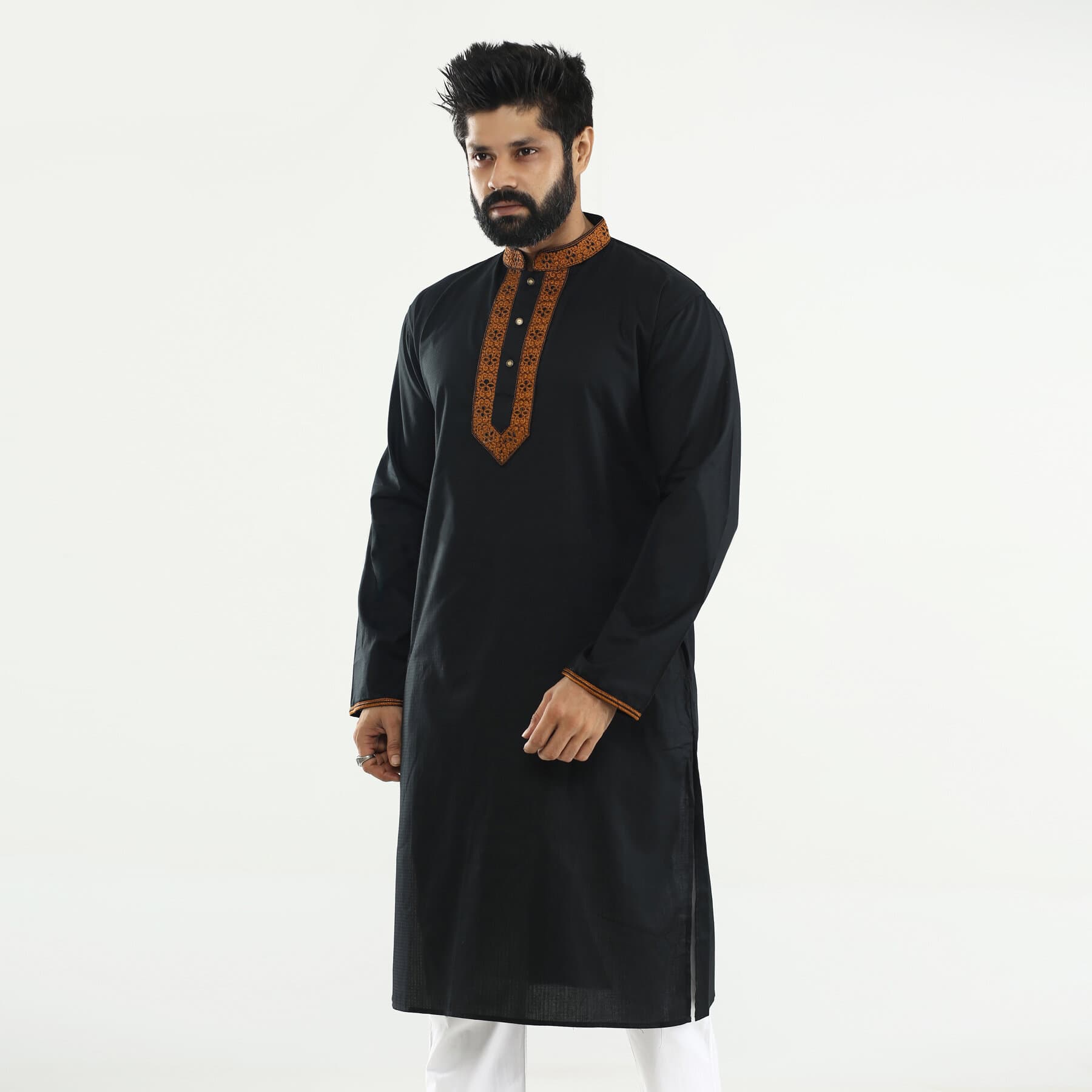 Full black panjabi for men new collection 2024 | Cotton panjabi for men black | Black embroidery style panjabi for men thumbnail