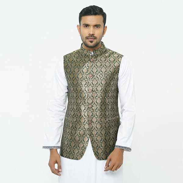 Green and golden waist coat and vest for men | Premium panjabi koti for men golden colour - Wedding dress and party dress for men thumbnail