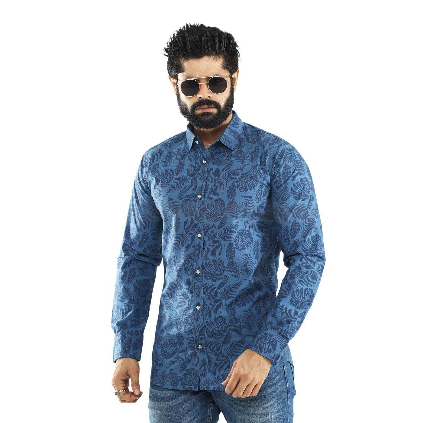 Royal Blue Cotton Casual Long Sleeve Shirt For Men