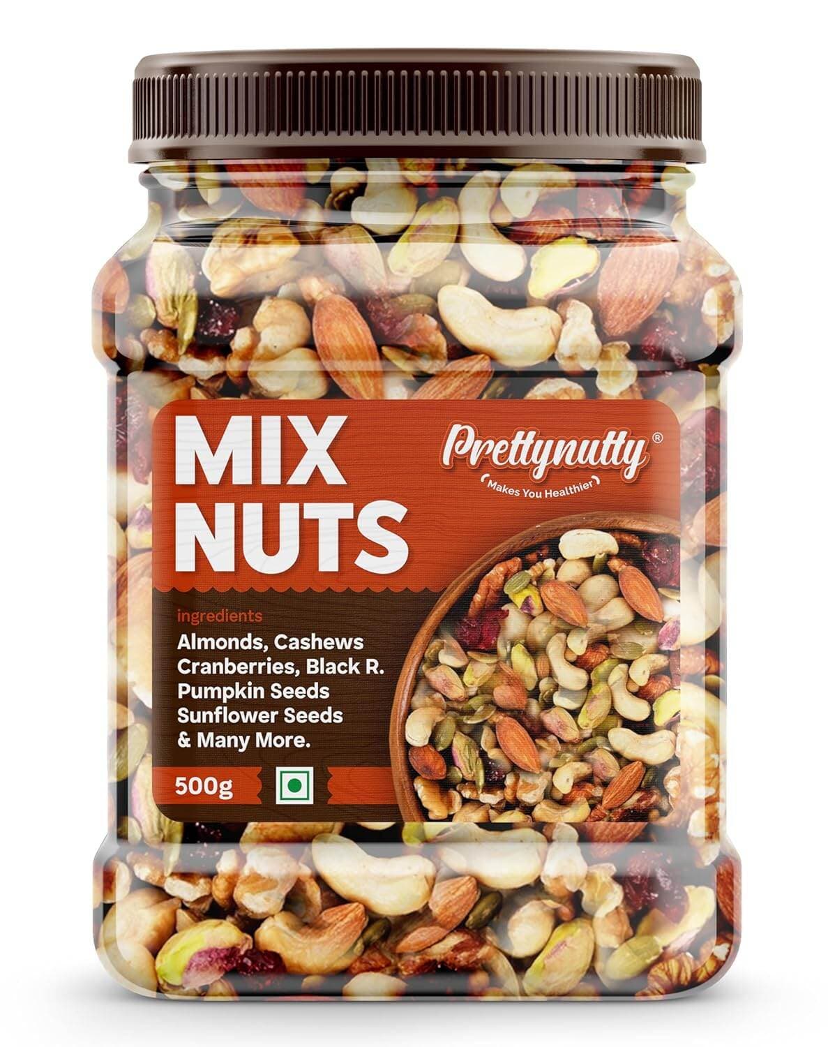 PrettyNutty Healthy Nutmix  Dried Almonds, Black Raisins, Cashewnuts, Cranberries,  & Many More 500g